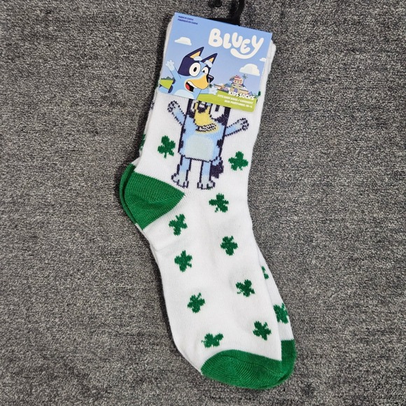 Bluey Other - Bluey Kids St Patricks Day Shamrock Crew Socks White Green Shoe Size 10-4 NEW